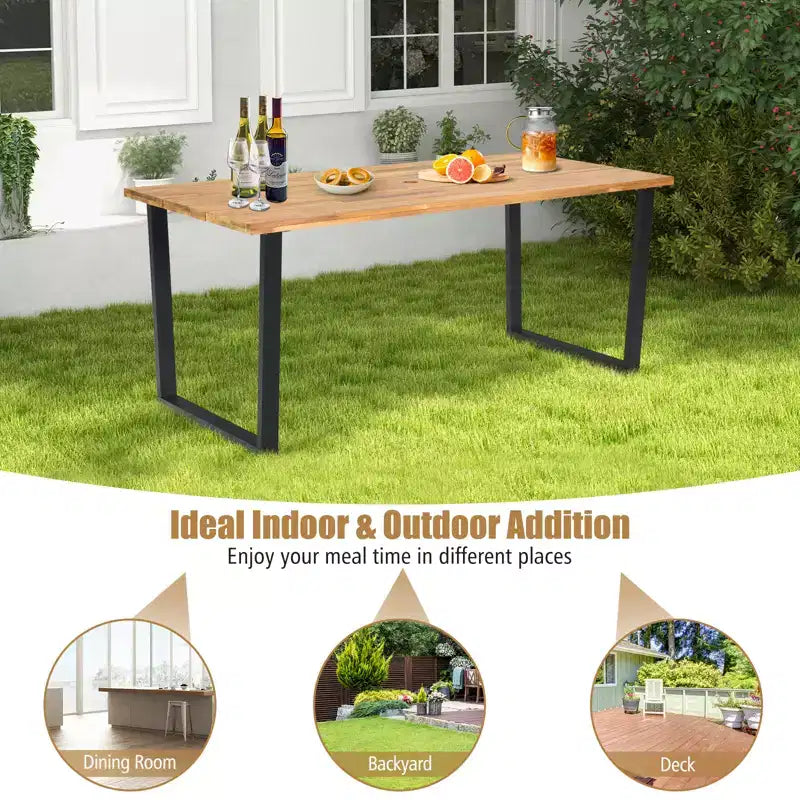 Costway 7 PCS Patio Rattan Dining Set Acacia Wood Table 6 Wicker Chairs with Umbrella Hole