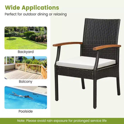 Costway 7 PCS Patio Rattan Dining Set Acacia Wood Table 6 Wicker Chairs with Umbrella Hole