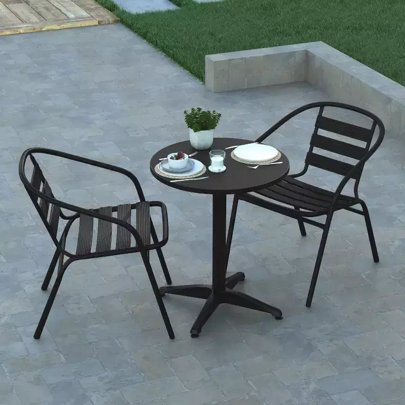Emma and Oliver 23.5'' Round Aluminum Indoor-Outdoor Table Set with 2 Slat Back Chairs