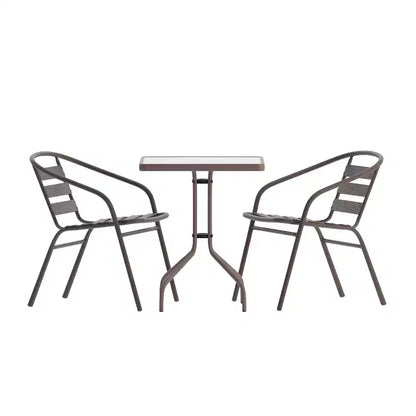 Table Emma et Oliver carrée à plateau en verre de 59,7 cm avec 2 chaises empilables à lattes en aluminium