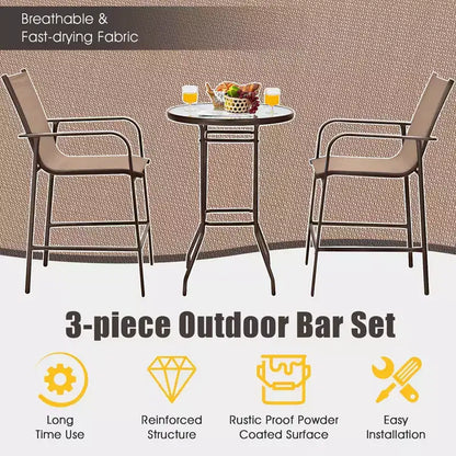 Costway 3 PCS Outdoor Patio Bar Table Stool Set Height Tempered Glass Top
