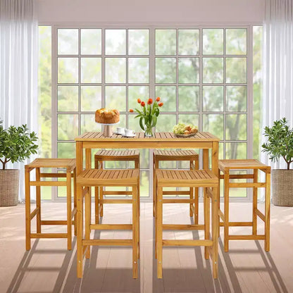 Costway 7 PCS Acacia Wood Bar Table Set 45 Rectangular Dining Table & 6 Saddle Stools