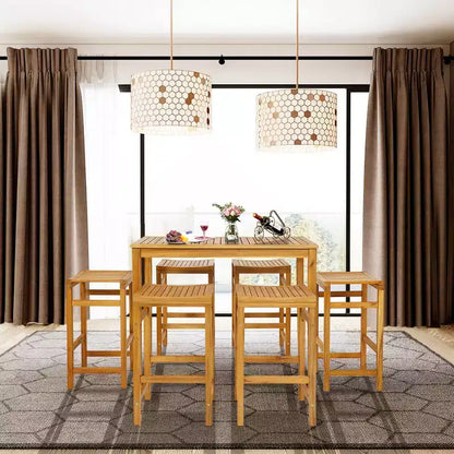 Costway 7 PCS Acacia Wood Bar Table Set 45 Rectangular Dining Table & 6 Saddle Stools