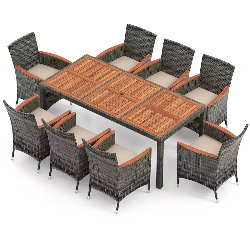 Costway 9 Pieces Outdoor Wicker Dining Set with Acacia Wood Table and 8 Armchairs