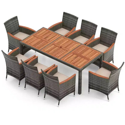 Costway 9 Pieces Outdoor Wicker Dining Set with Acacia Wood Table and 8 Armchairs