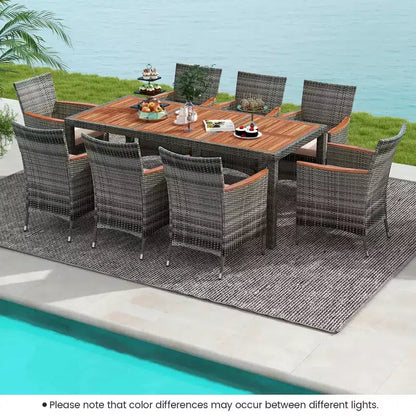 Costway 9 Pieces Outdoor Wicker Dining Set with Acacia Wood Table and 8 Armchairs
