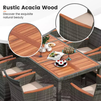 Costway 9 Pieces Outdoor Wicker Dining Set with Acacia Wood Table and 8 Armchairs
