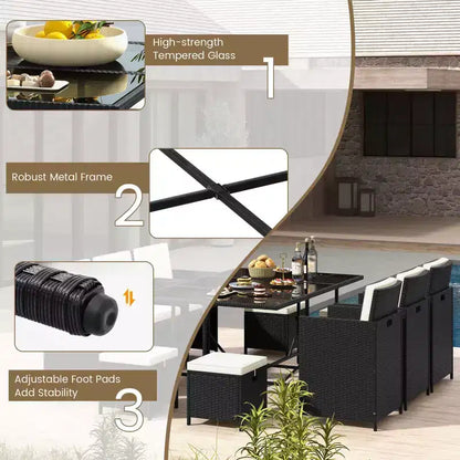 Costway 11 Pieces Patio Dining Set Space-saving Wicker Chairs & Tempered Glass Table