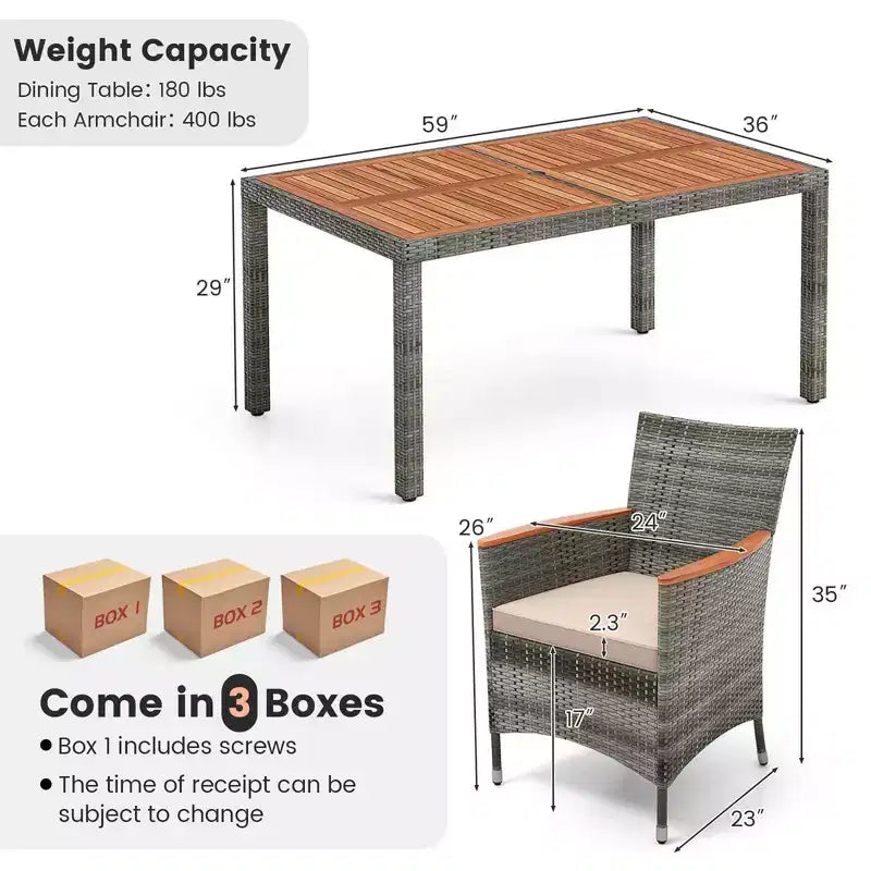 Costway 7 Pieces Outdoor Wicker Dining Set with Acacia Wood Table and 6 Armchairs