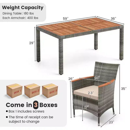 Costway 7 Pieces Outdoor Wicker Dining Set with Acacia Wood Table and 6 Armchairs