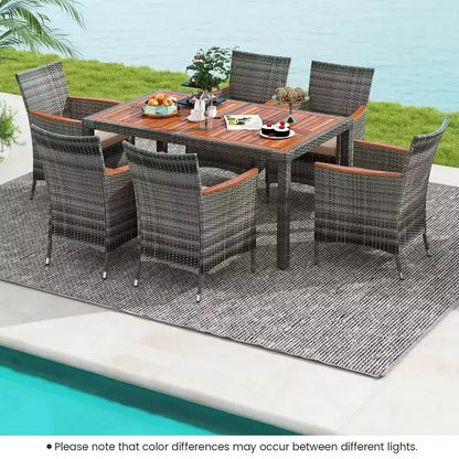 Costway 7 Pieces Outdoor Wicker Dining Set with Acacia Wood Table and 6 Armchairs