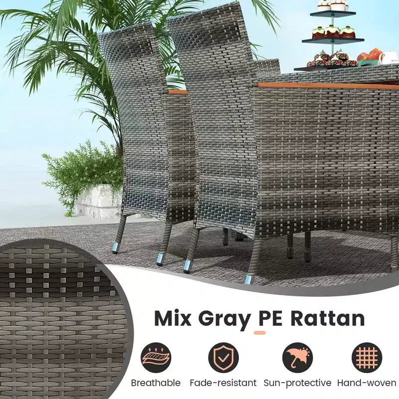 Costway 7 Pieces Outdoor Wicker Dining Set with Acacia Wood Table and 6 Armchairs
