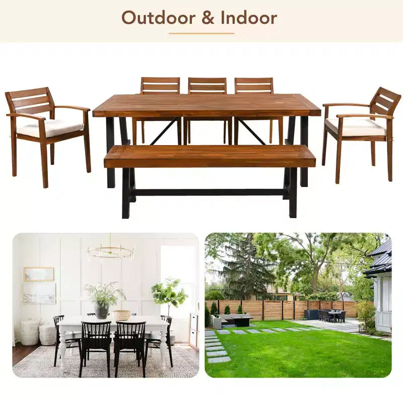 Ensemble de salle à manger d'extérieur 7 pièces en bois d'acacia avec coussins amovibles, mobilier de patio avec chaises et banc ergonomiques pour 7-8 personnes 4W - ModernLuxe