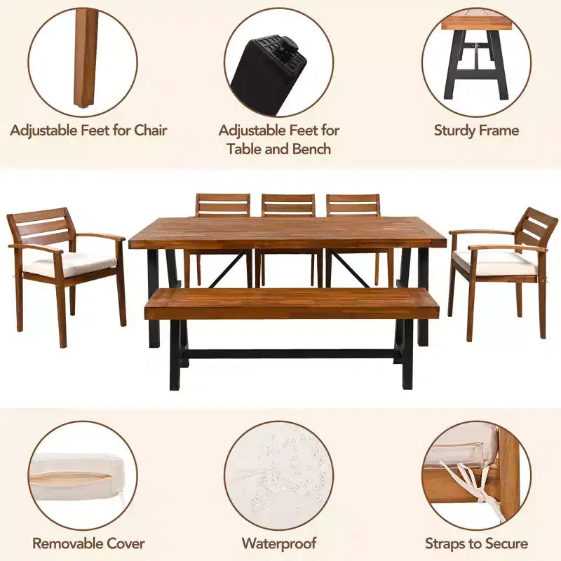 Ensemble de salle à manger d'extérieur 7 pièces en bois d'acacia avec coussins amovibles, mobilier de patio avec chaises et banc ergonomiques pour 7-8 personnes 4W - ModernLuxe