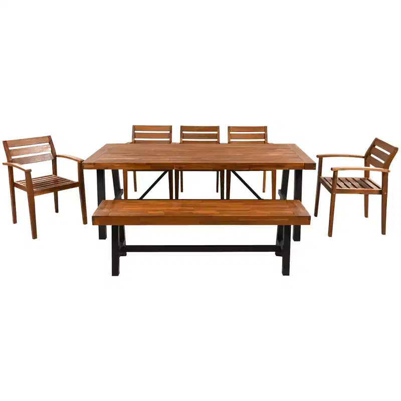 Ensemble de salle à manger d'extérieur 7 pièces en bois d'acacia avec coussins amovibles, mobilier de patio avec chaises et banc ergonomiques pour 7-8 personnes 4W - ModernLuxe