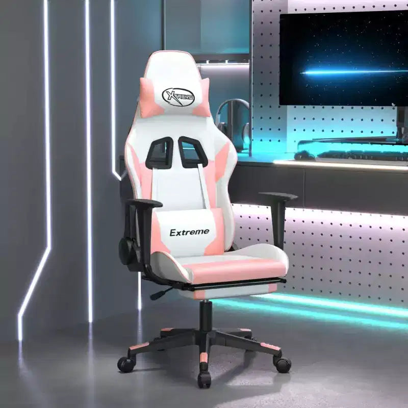 vidaXL Fauteuil de jeu avec repose-pieds, blanc et rose, similicuir