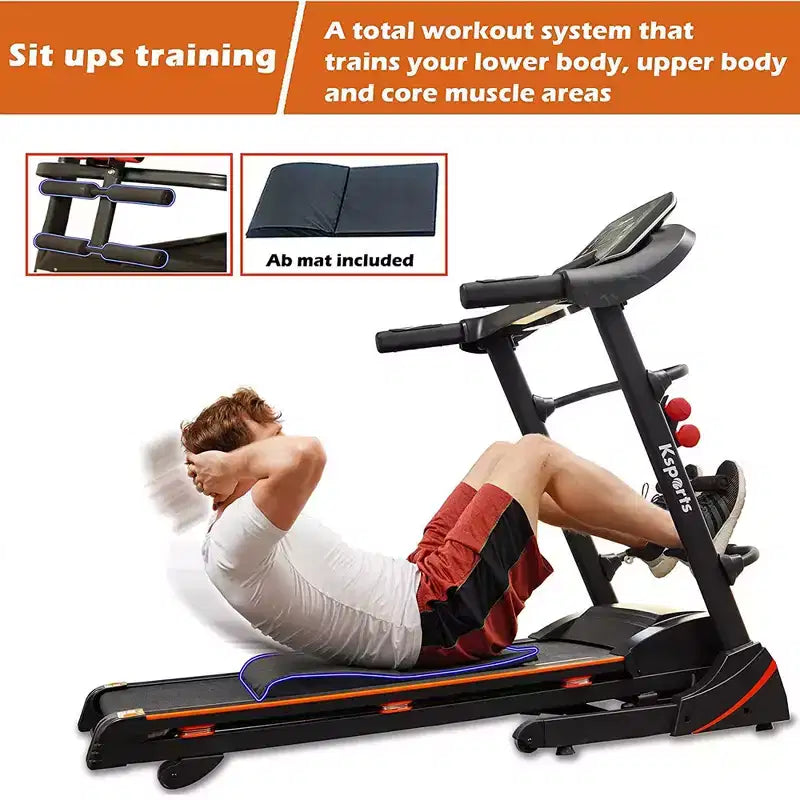 Ksports Multi-Functional Electric Treadmill Home Gym Cardio Strength Training Workout Set w/ Ab Mat, Sit-Up Strap, & Adjustable Incline