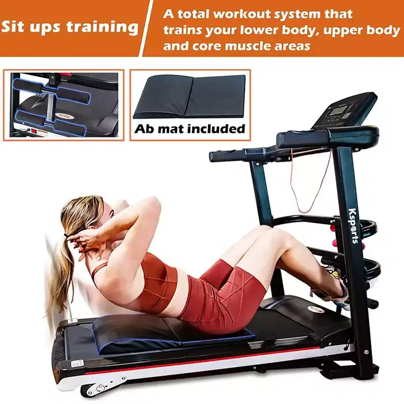 Ksports Multi-Functional Electric Treadmill Home Gym Cardio Strength Training Workout Set w/ Ab Mat, Sit-Up Strap, & Adjustable Incline
