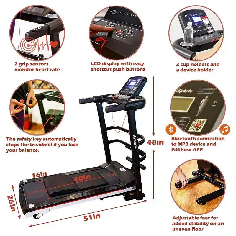 Ksports Multi-Functional Electric Treadmill Home Gym Cardio Strength Training Workout Set w/ Ab Mat, Sit-Up Strap, & Adjustable Incline