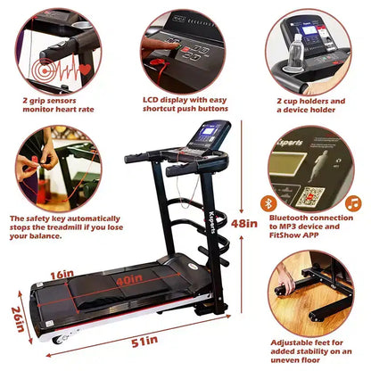 Ksports Multi-Functional Electric Treadmill Home Gym Cardio Strength Training Workout Set w/ Ab Mat, Sit-Up Strap, & Adjustable Incline
