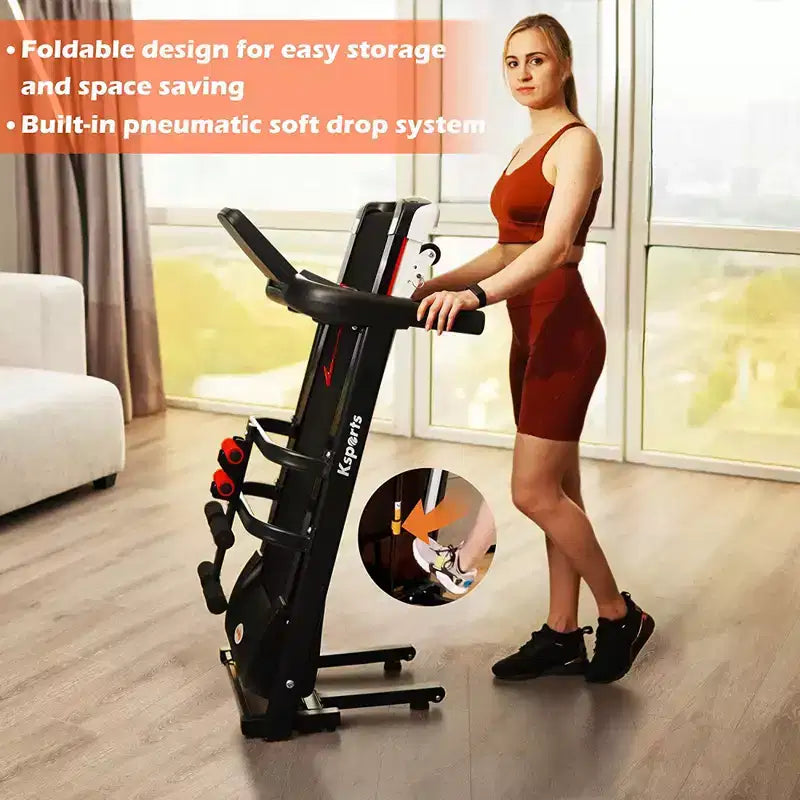 Ksports Multi-Functional Electric Treadmill Home Gym Cardio Strength Training Workout Set w/ Ab Mat, Sit-Up Strap, & Adjustable Incline