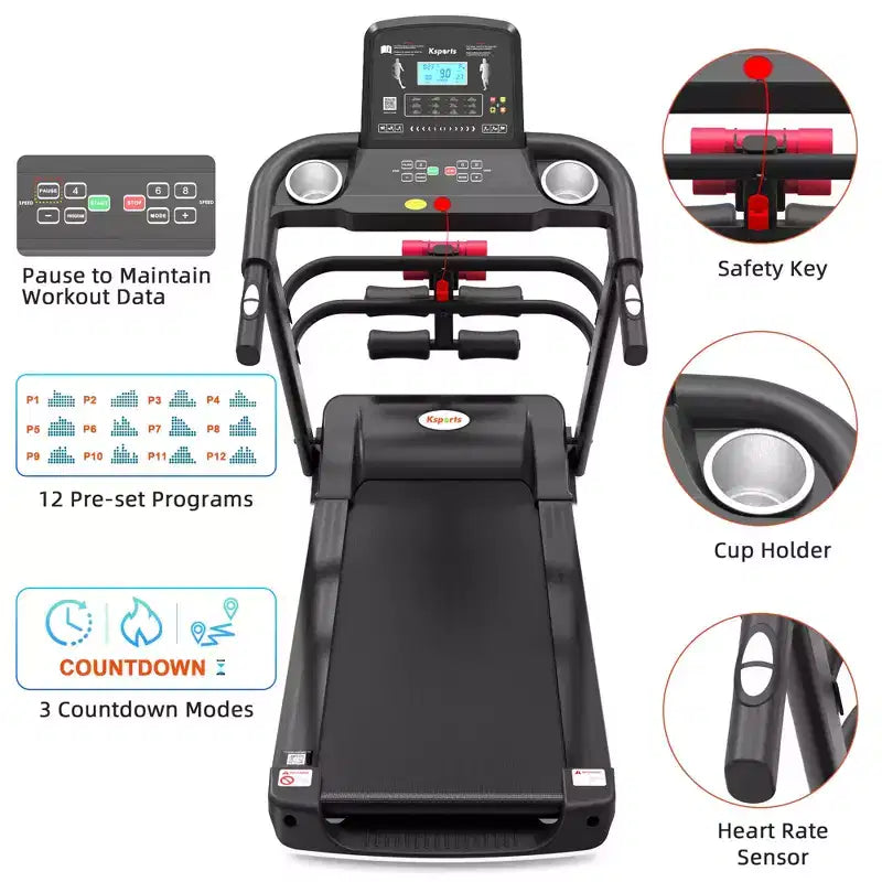 Ksports Multi-Functional Electric Treadmill Home Gym Cardio Strength Training Workout Set w/ Ab Mat, Sit-Up Strap, & Adjustable Incline
