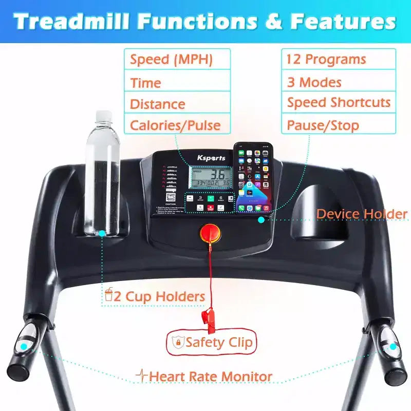 Ksports Multi-Functional Electric Treadmill Home Gym Cardio Strength Training Workout Set w/ Ab Mat, Sit-Up Strap, & Adjustable Incline