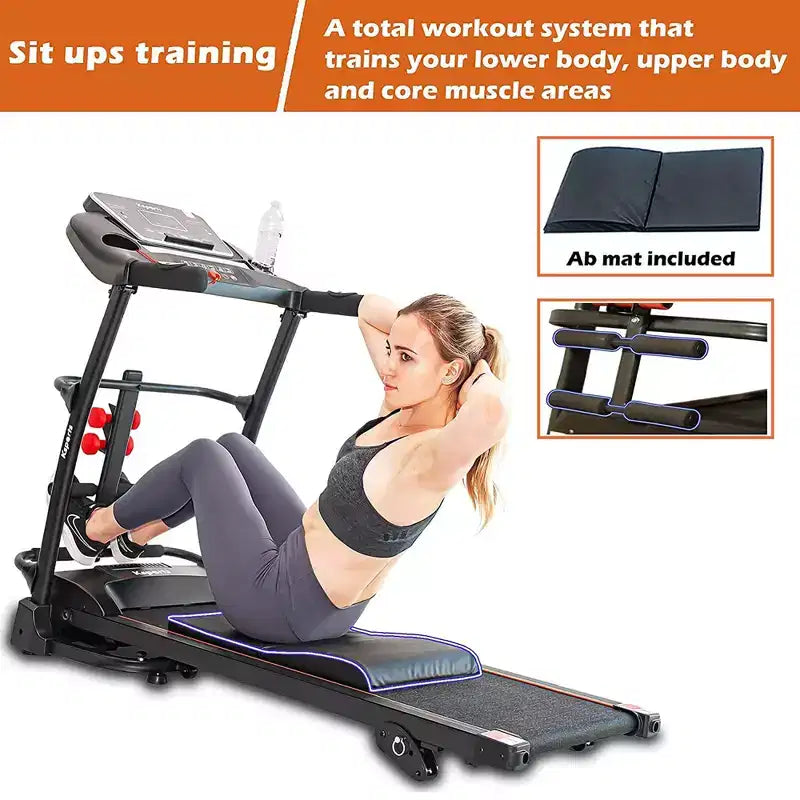 Ksports Multi-Functional Electric Treadmill Home Gym Cardio Strength Training Workout Set w/ Ab Mat, Sit-Up Strap, & Adjustable Incline