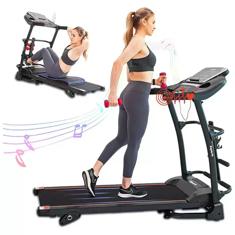 Ksports Multi-Functional Electric Treadmill Home Gym Cardio Strength Training Workout Set w/ Ab Mat, Sit-Up Strap, & Adjustable Incline