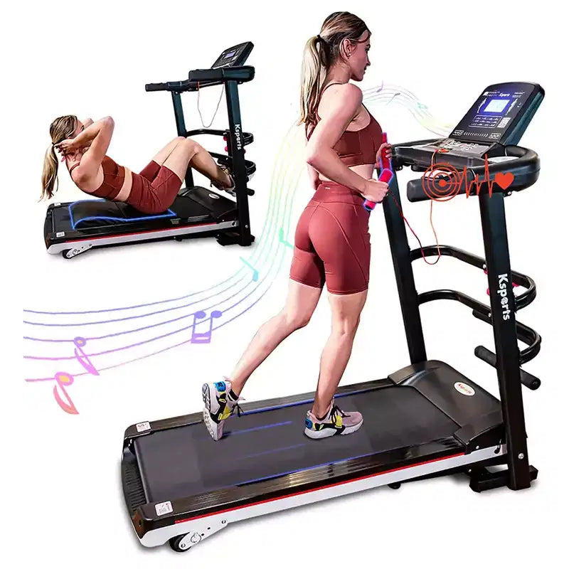 Ksports Multi-Functional Electric Treadmill Home Gym Cardio Strength Training Workout Set w/ Ab Mat, Sit-Up Strap, & Adjustable Incline