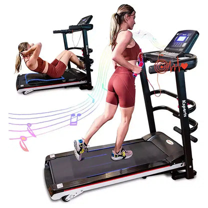 Ksports Multi-Functional Electric Treadmill Home Gym Cardio Strength Training Workout Set w/ Ab Mat, Sit-Up Strap, & Adjustable Incline