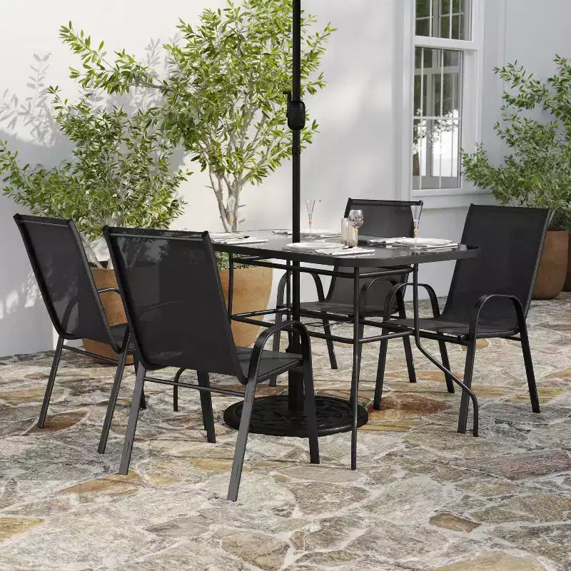 Merrick Lane 5 Piece Outdoor Dining Table Set for 4 with Glass-Top Patio Table and 4 Stack Chairs with Flex Comfort Material