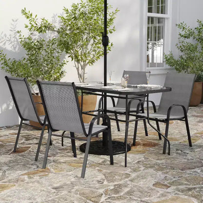 Merrick Lane 5 Piece Outdoor Dining Table Set for 4 with Glass-Top Patio Table and 4 Stack Chairs with Flex Comfort Material
