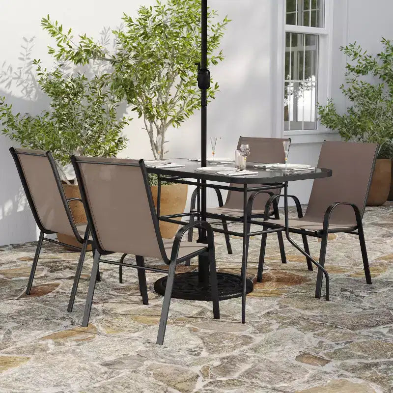 Merrick Lane 5 Piece Outdoor Dining Table Set for 4 with Glass-Top Patio Table and 4 Stack Chairs with Flex Comfort Material