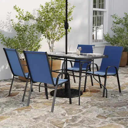 Merrick Lane 5 Piece Outdoor Dining Table Set for 4 with Glass-Top Patio Table and 4 Stack Chairs with Flex Comfort Material