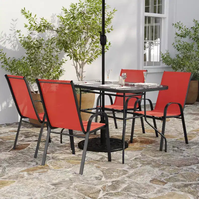 Merrick Lane 5 Piece Outdoor Dining Table Set for 4 with Glass-Top Patio Table and 4 Stack Chairs with Flex Comfort Material