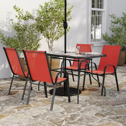 Merrick Lane 5 Piece Outdoor Dining Table Set for 4 with Glass-Top Patio Table and 4 Stack Chairs with Flex Comfort Material