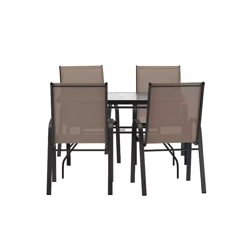 Merrick Lane 5 Piece Outdoor Dining Table Set for 4 with Glass-Top Patio Table and 4 Stack Chairs with Flex Comfort Material