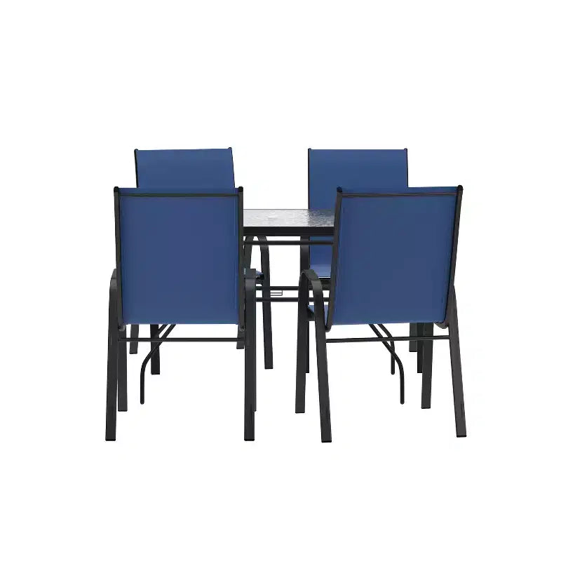 Merrick Lane 5 Piece Outdoor Dining Table Set for 4 with Glass-Top Patio Table and 4 Stack Chairs with Flex Comfort Material