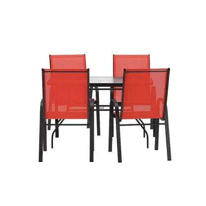 Merrick Lane 5 Piece Outdoor Dining Table Set for 4 with Glass-Top Patio Table and 4 Stack Chairs with Flex Comfort Material