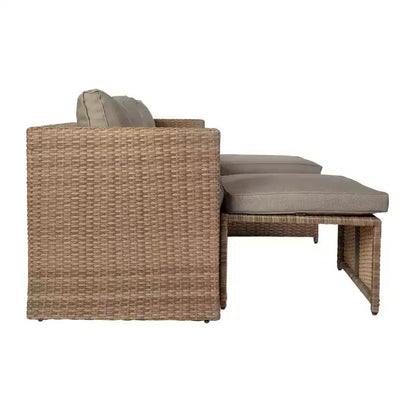 Merrick Lane Woven Rattan Modular Sofa Set for Indoor/Outdoor Use with Loveseat, Ottomans, and Tempered Glass Table
