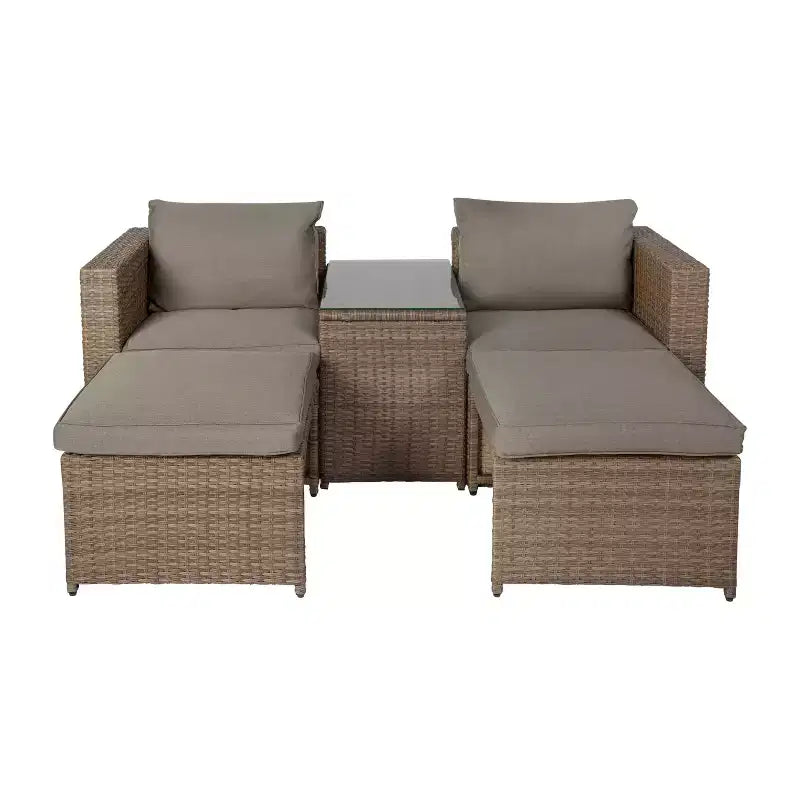 Merrick Lane Woven Rattan Modular Sofa Set for Indoor/Outdoor Use with Loveseat, Ottomans, and Tempered Glass Table