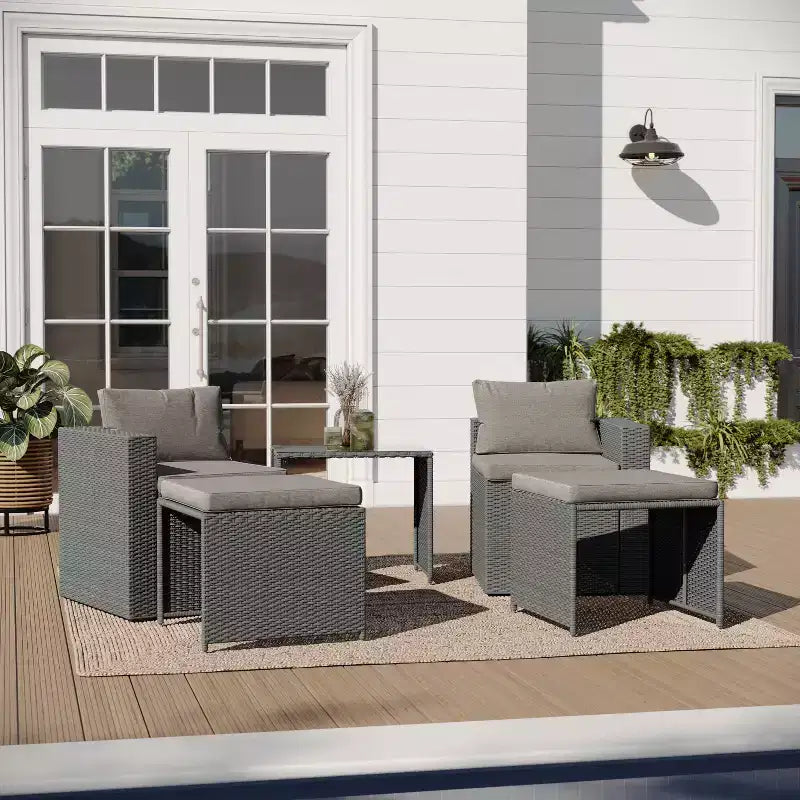 Merrick Lane Woven Rattan Modular Sofa Set for Indoor/Outdoor Use with Loveseat, Ottomans, and Tempered Glass Table