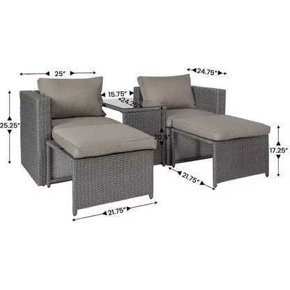 Merrick Lane Woven Rattan Modular Sofa Set for Indoor/Outdoor Use with Loveseat, Ottomans, and Tempered Glass Table