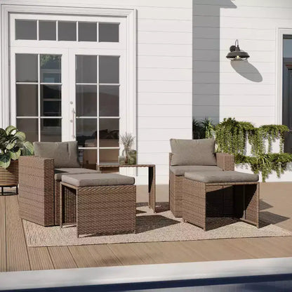 Merrick Lane Woven Rattan Modular Sofa Set for Indoor/Outdoor Use with Loveseat, Ottomans, and Tempered Glass Table