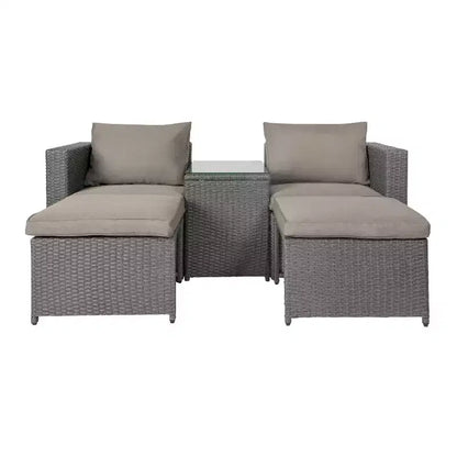 Merrick Lane Woven Rattan Modular Sofa Set for Indoor/Outdoor Use with Loveseat, Ottomans, and Tempered Glass Table