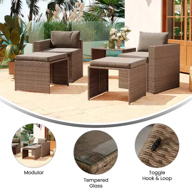 Merrick Lane Woven Rattan Modular Sofa Set for Indoor/Outdoor Use with Loveseat, Ottomans, and Tempered Glass Table