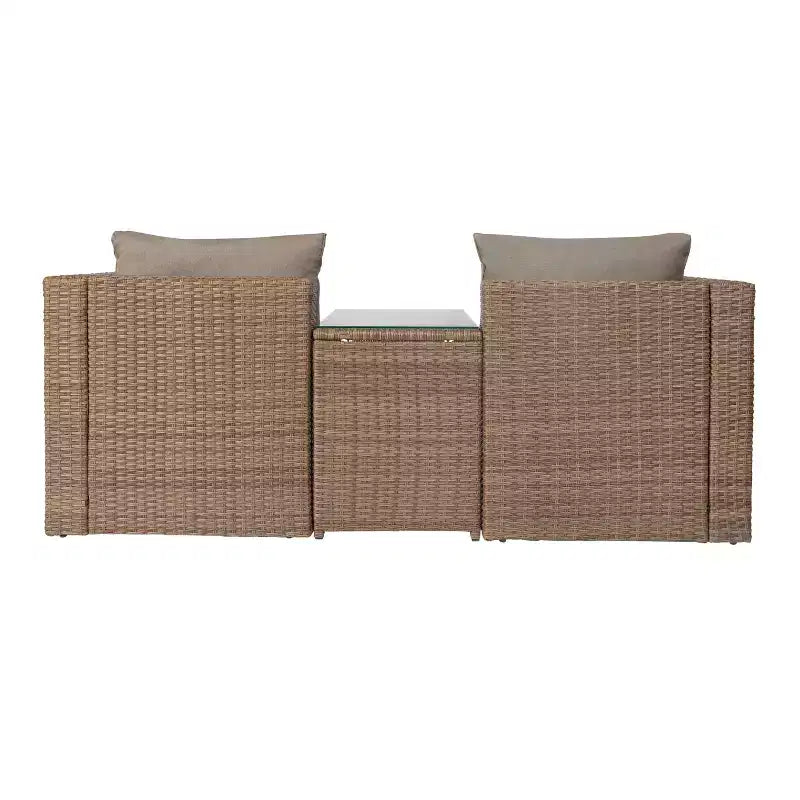 Merrick Lane Woven Rattan Modular Sofa Set for Indoor/Outdoor Use with Loveseat, Ottomans, and Tempered Glass Table