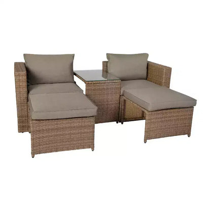Merrick Lane Woven Rattan Modular Sofa Set for Indoor/Outdoor Use with Loveseat, Ottomans, and Tempered Glass Table