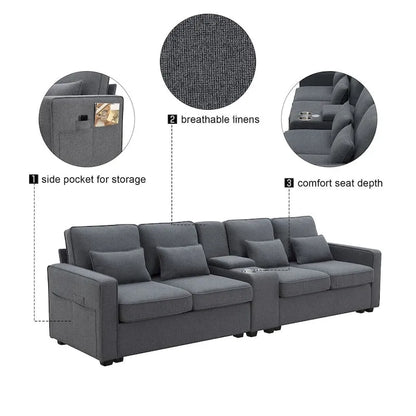 Merax 114.2 Upholstered Sofa with Console, 2 Cupholders and 2 USB Ports Wired or Wirelessly Charged